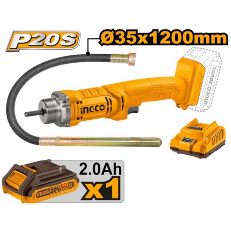 Vibratore per calcestruzzo 20V con batteria 2Ah e caricabatterie incluso