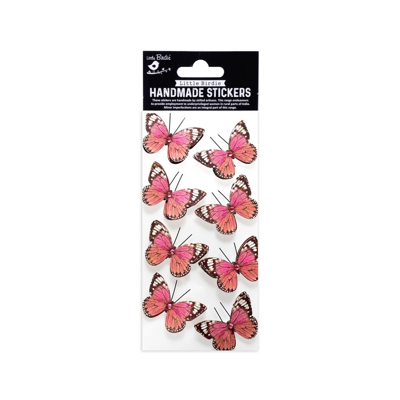 Handmade Stickers – Tropical Butterfly, Rosy Blush, 8pc, 1 Sheet