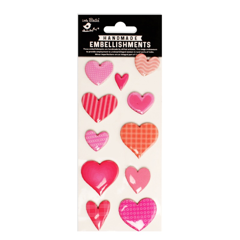 Handmade Resin Stickers – Glazed Hearts, Pink, 11pc, 1 Sheet