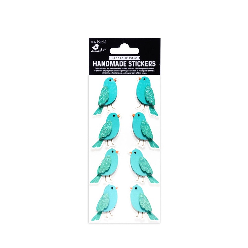 Handmade 3D Glitter Stickers – Tweet Birdies, Aqua Blue, 8pc, 1 Sheet