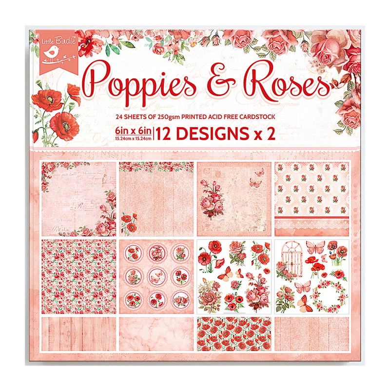 Paper Pack 6In X 6In 12Des X 2 Poppies & Roses 24 Sheets 250Gsm Lb