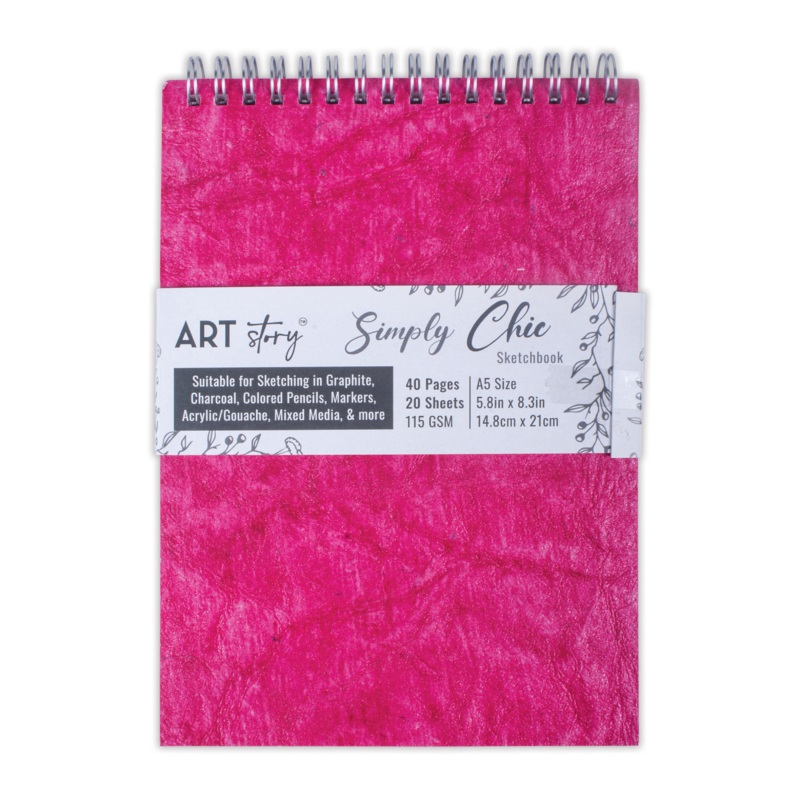 Simply Chic Spiral Bound Sketchbook with Leather Paper Cover | Fuchsia | Pink – A5 – 115gsm – 40Pages – 1Book