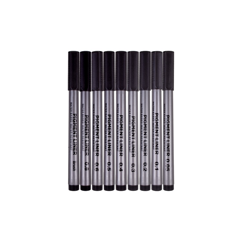 Pigment Fineliner Water Based Black 0.05/0.1/0.2/0.3/0.4/0.5/0.6/0.8mm Brush Tip Pack Of 9pc