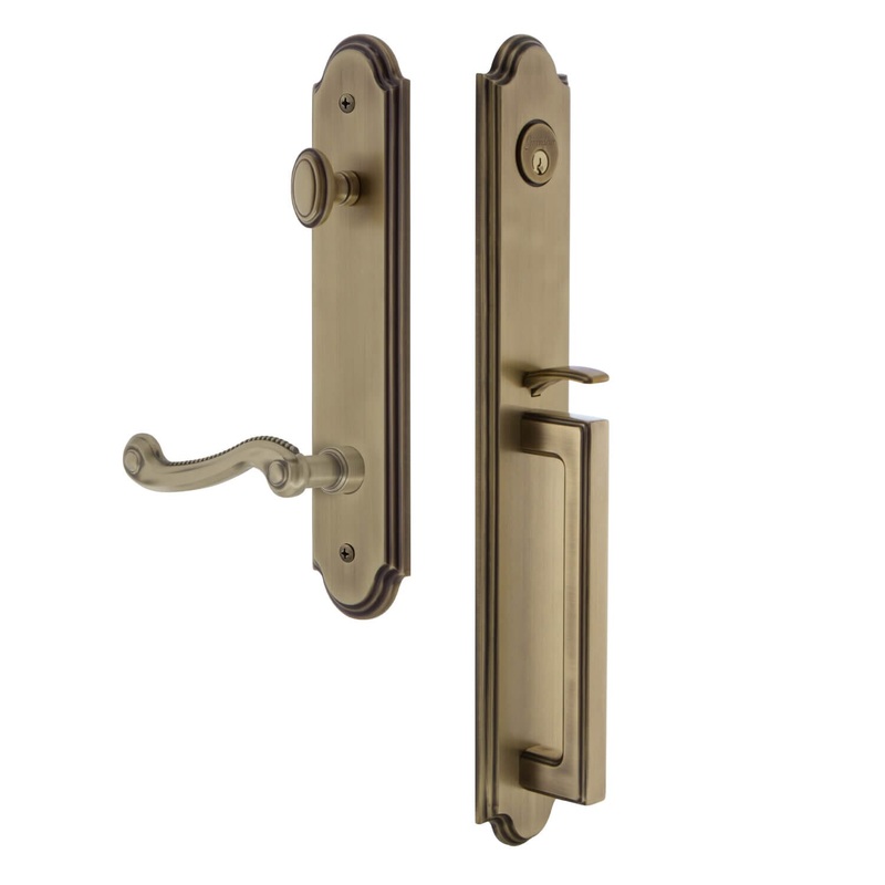 Arc One-Piece Handleset with D Grip and Newport Lever in Vintage Brass