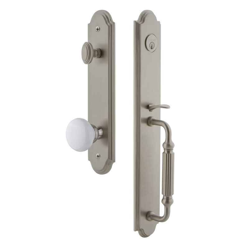 Arc One-Piece Handleset with F Grip and Hyde Park Knob in Satin Nickel