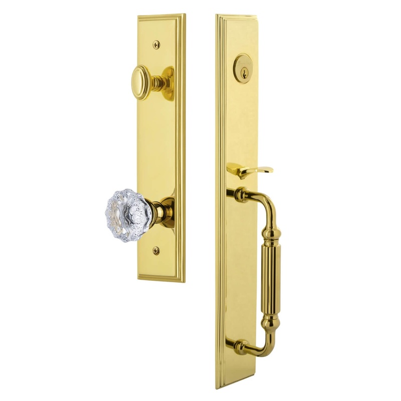 Carr One-Piece Handleset with F Grip and Fontainebleau Knob in Lifetime Brass