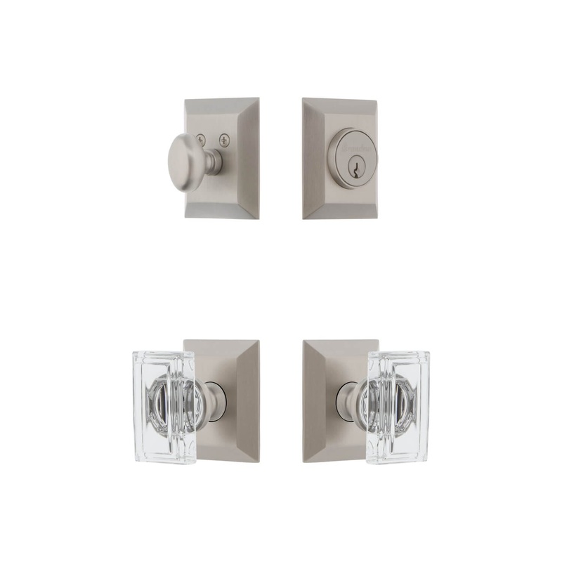 Fifth Avenue Square Rosette Entry Set with Carre Crystal Knob in Satin Nickel