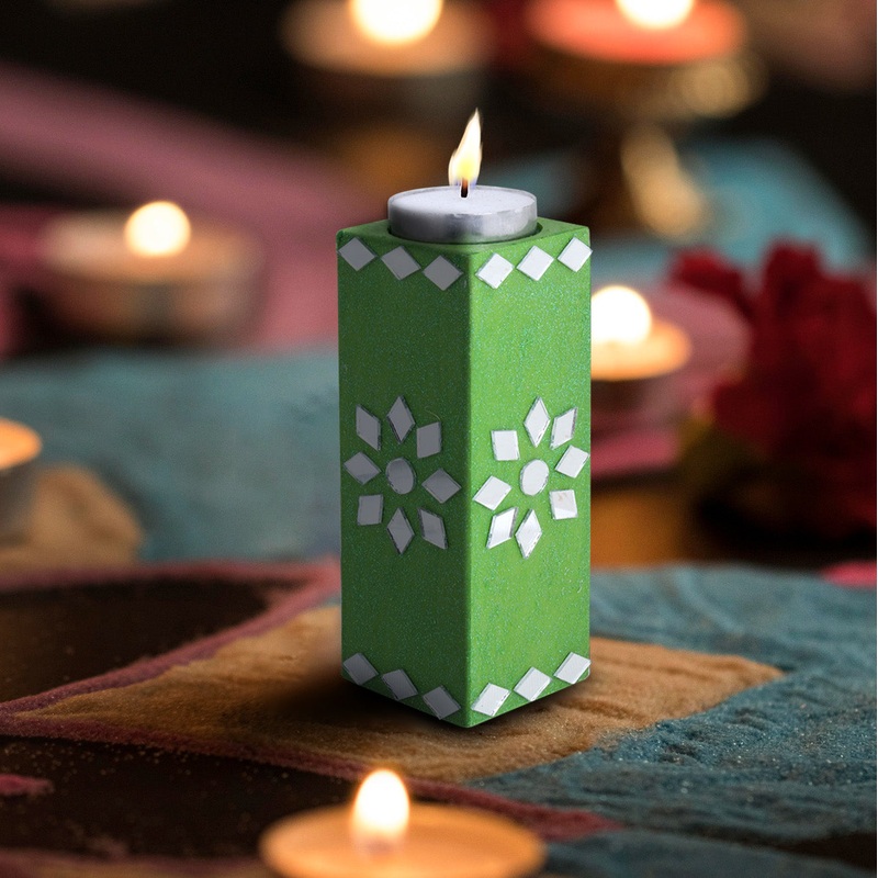 Mirror Art Tealight Holder Florista Green 5inch 1pc ( Candle Included 1pc)