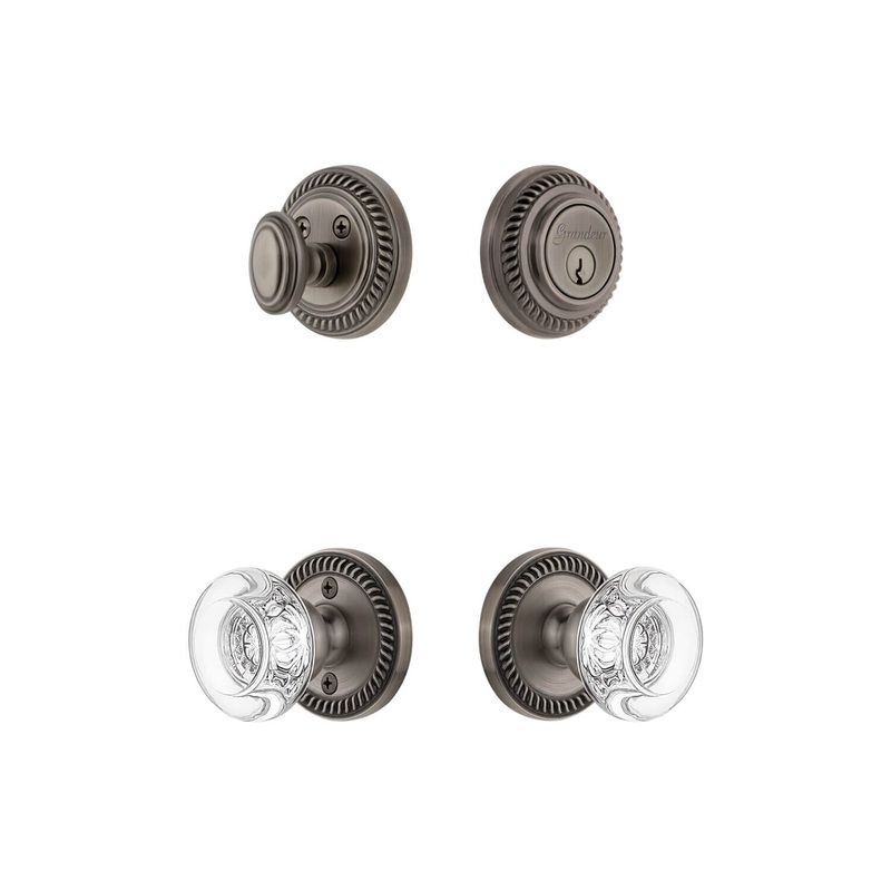 Newport Rosette Entry Set with Bordeaux Crystal Knob in Antique Pewter