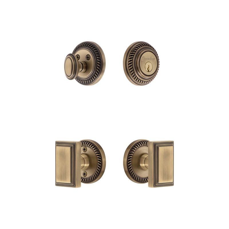 Newport Rosette Entry Set with Carre Knob in Vintage Brass