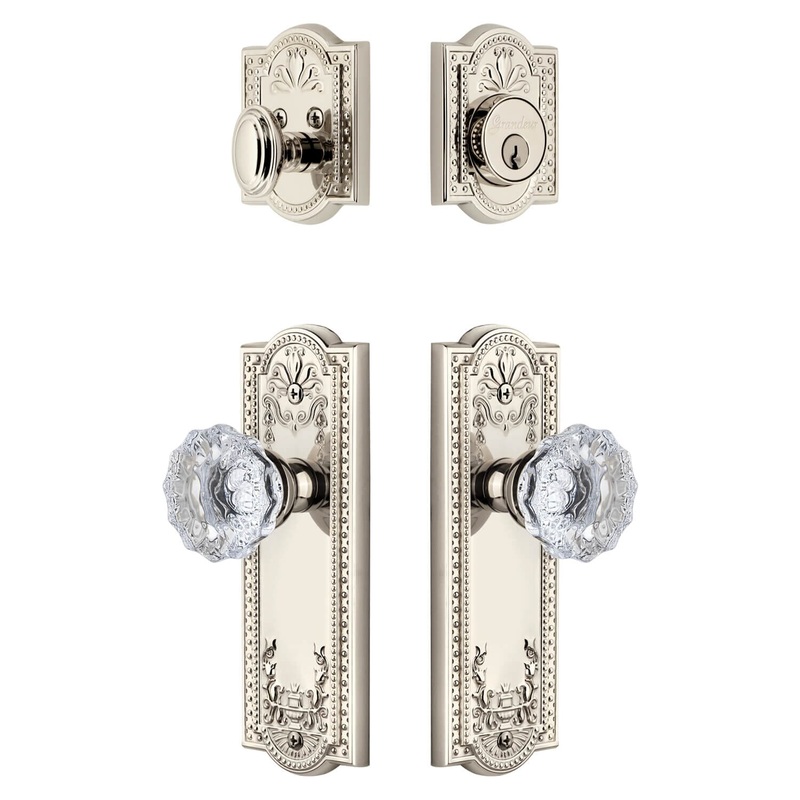 Parthenon Long Plate Entry Set with Fontainebleau Crystal Knob in Polished Nickel