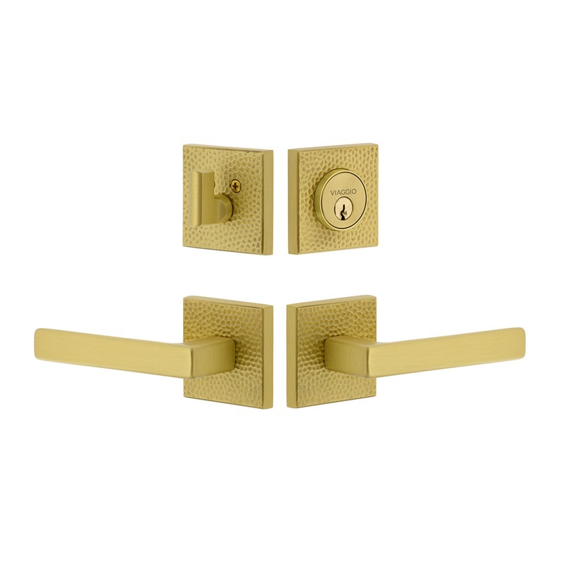 Quadrato Hammered Rosette Entry Set with Lusso Lever in Satin Brass