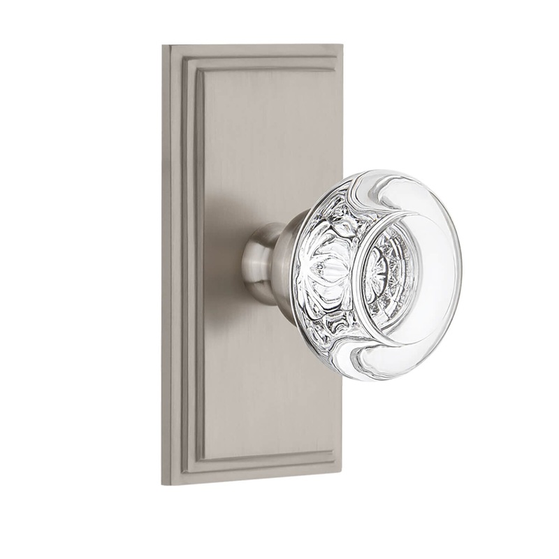 Carr Short Plate with Bordeaux Crystal Knob in Satin Nickel