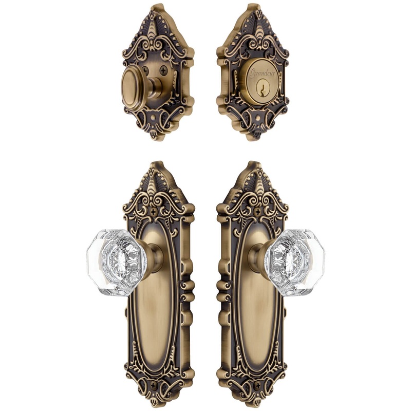 Grande Victorian Long Plate Entry Set with Chambord Crystal Knob in Vintage Brass