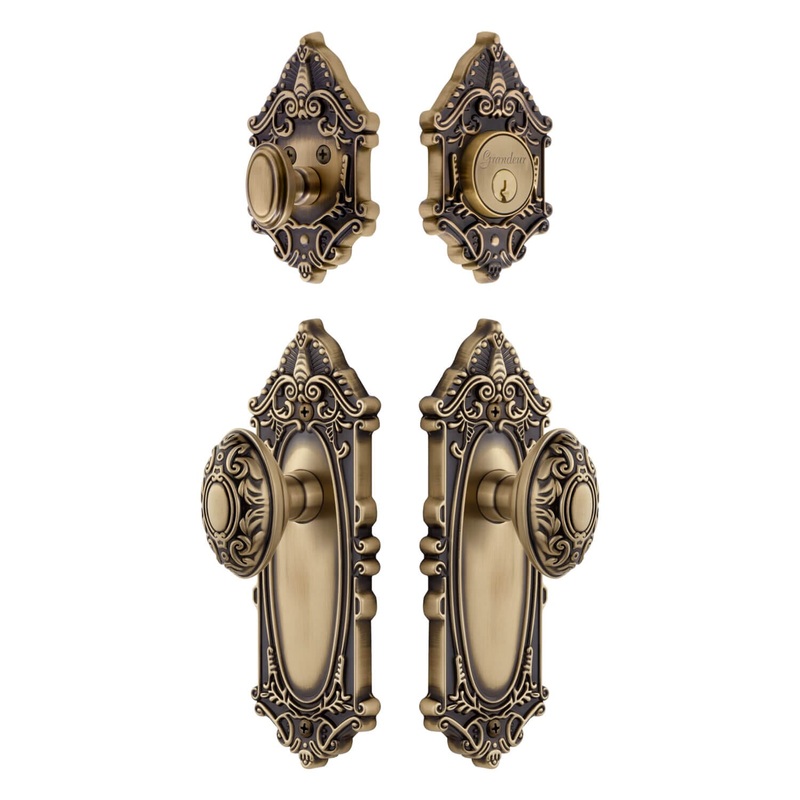Grande Victorian Long Plate Entry Set with Grande Victorian Knob in Vintage Brass