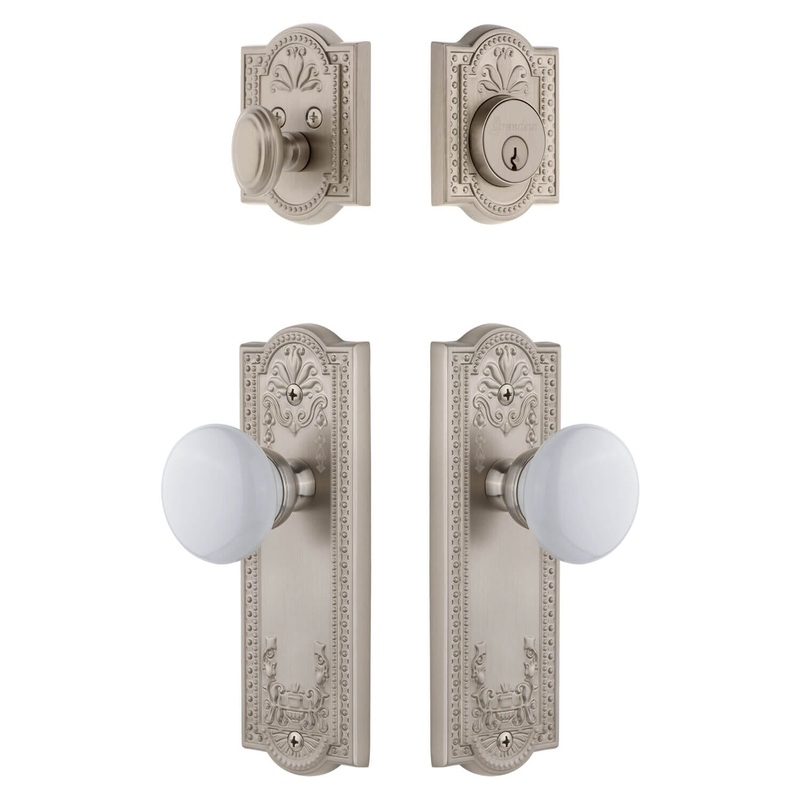 Parthenon Long Plate Entry Set with Hyde Park Knob in Satin Nickel