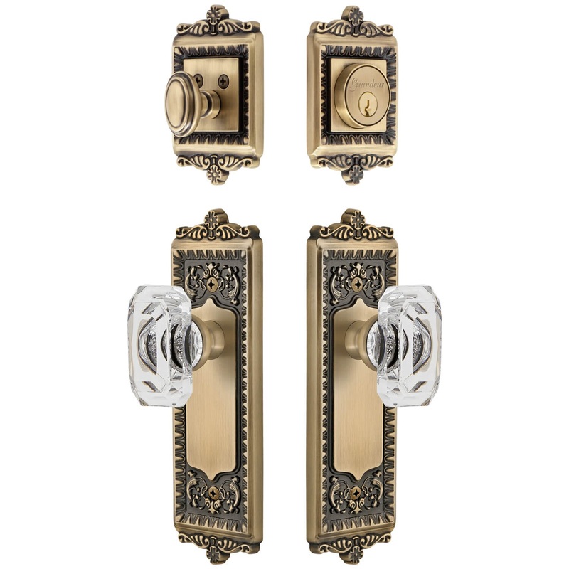 Windsor Long Plate Entry Set with Baguette Clear Crystal Knob in Vintage Brass