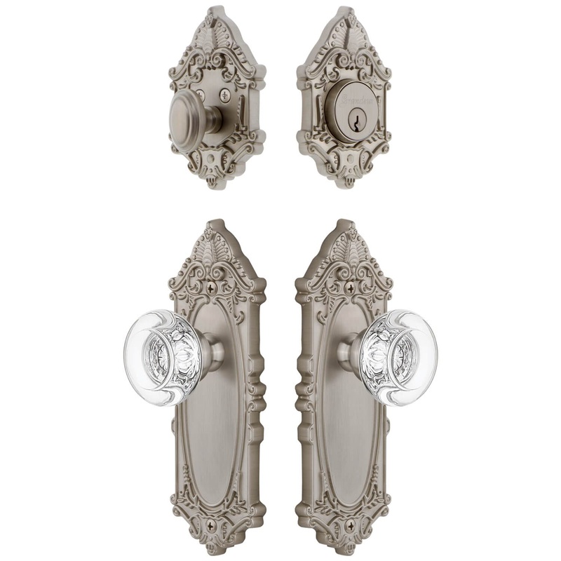 Grande Victorian Long Plate Entry Set with Bordeaux Crystal Knob in Satin Nickel