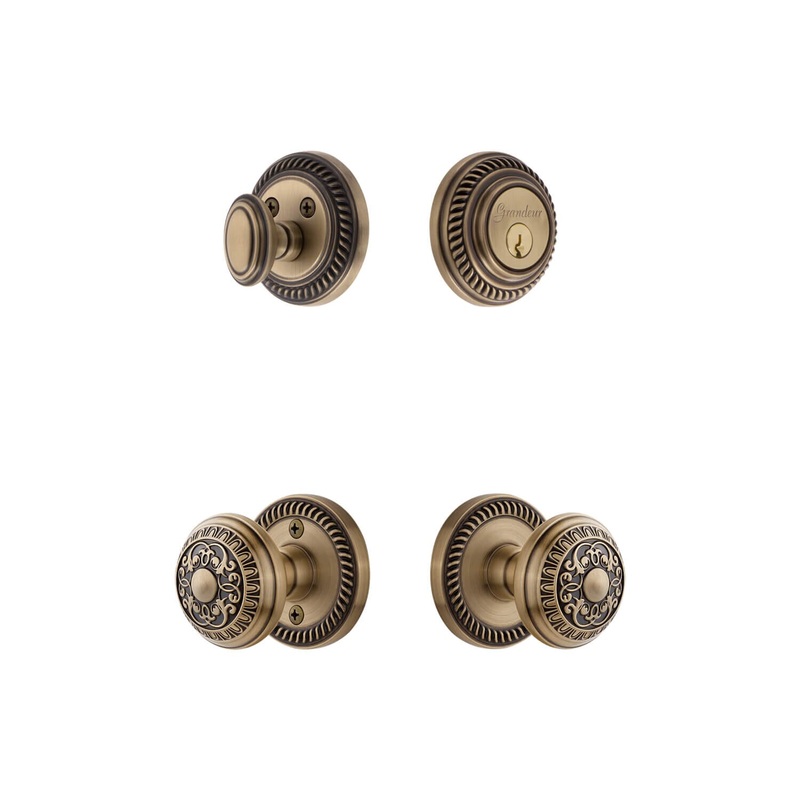 Newport Rosette Entry Set with Windsor Knob in Vintage Brass