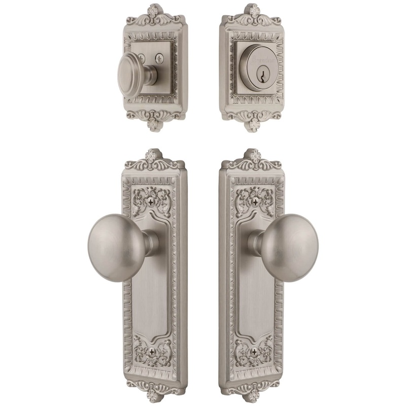 Windsor Long Plate Entry Set with Fifth Avenue Knob in Satin Nickel