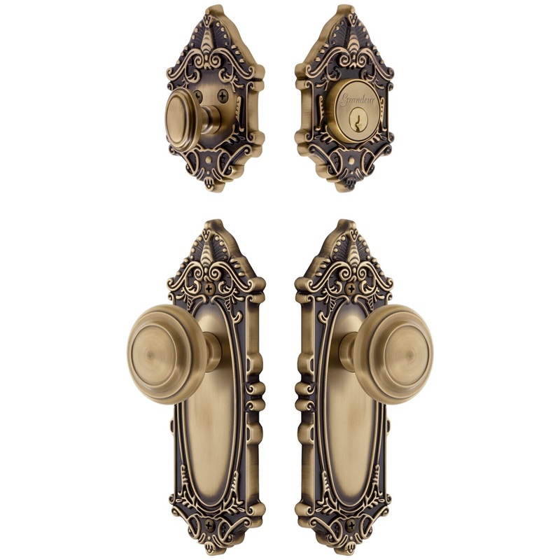 Grande Victorian Long Plate Entry Set with Circulaire Knob in Vintage Brass