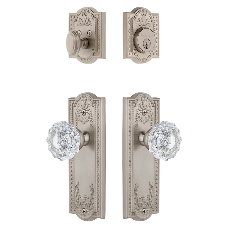 Parthenon Long Plate Entry Set with Versailles Crystal Knob in Satin Nickel