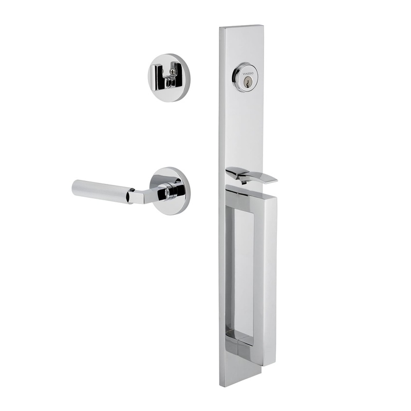 Quadrato One-Piece Handleset with D Grip and Circolo Rosette with Contempo Fluted Lever in Bright Chrome