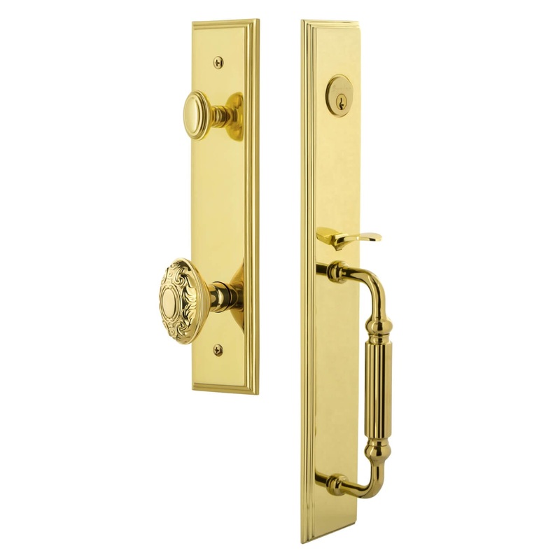 Carr One-Piece Handleset with F Grip and Grande Victorian Knob in Lifetime Brass