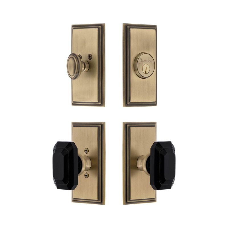 Carre Short Plate Entry Set with Baguette Black Crystal Knob in Vintage Brass