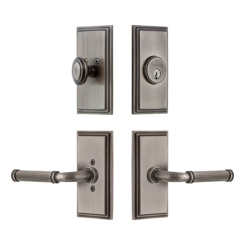 Carre Short Plate Entry Set with Soleil Lever in Antique Pewter