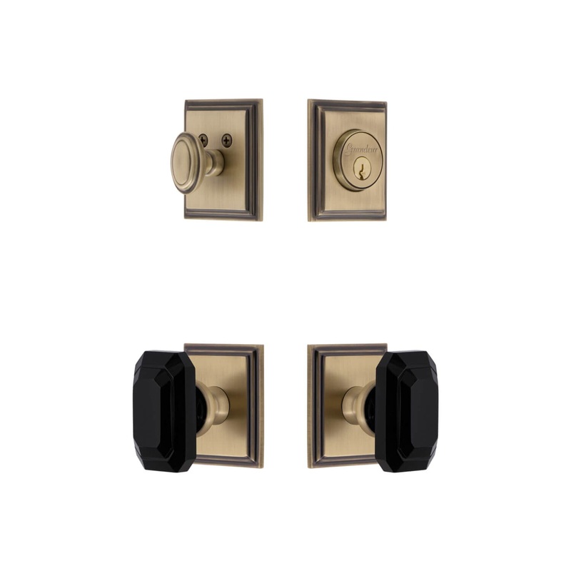 Carre Square Rosette Entry Set with Baguette Black Crystal Knob in Vintage Brass