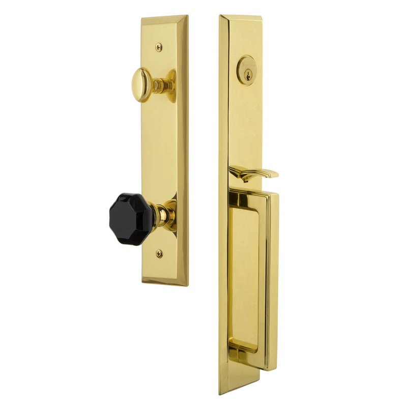 Grandeur Fifth Avenue One-Piece Handleset with D Grip and Lyon Knob in Lifetime Brass
