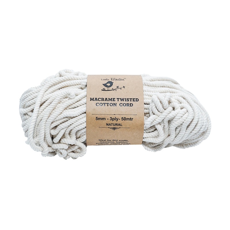 Macrame Cotton Twisted Cord 5mm 3 Ply Natural 50Mtr