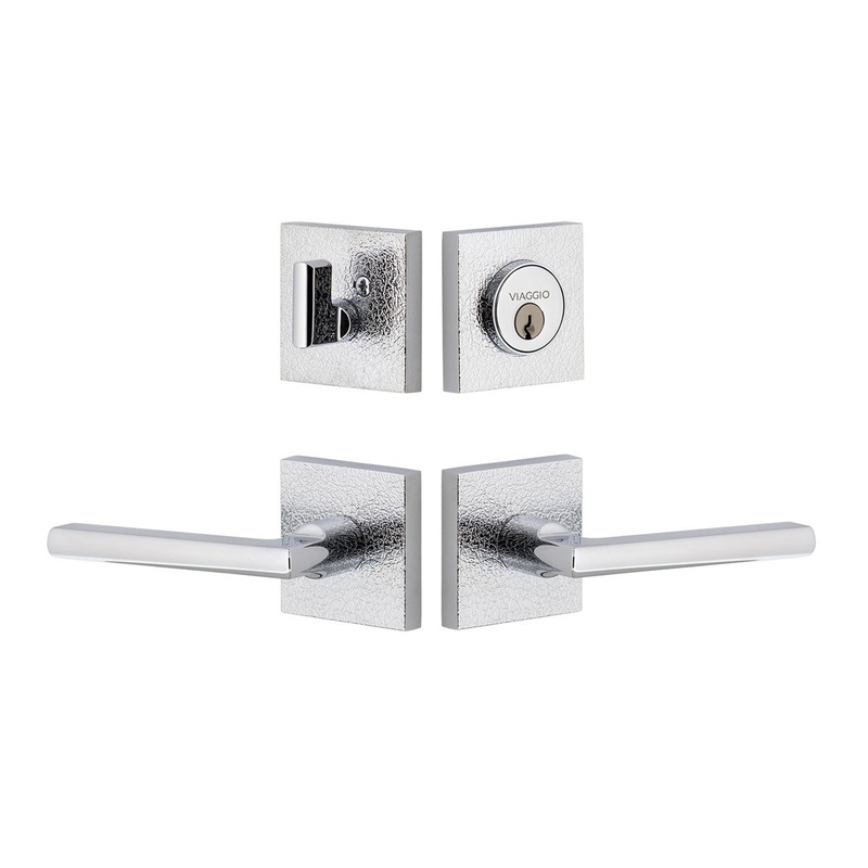 Quadrato Leather Rosette Entry Set with Milano Lever in Bright Chrome