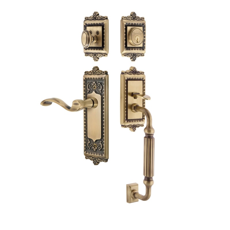 Windsor Plate F Grip Entry Set Portofino Lever in Vintage Brass