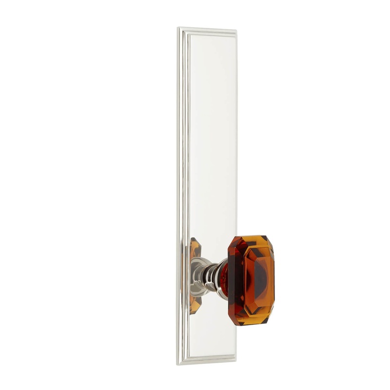 Carr Tall Plate with Baguette Amber Crystal Knob in Polished Nickel