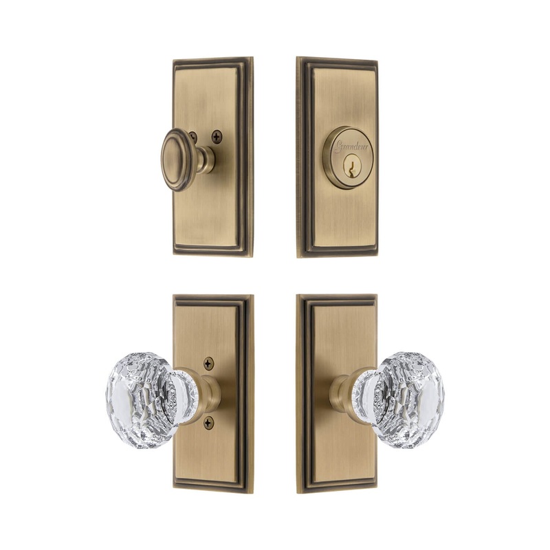 Carre Short Plate Entry Set with Brilliant Crystal Knob in Vintage Brass