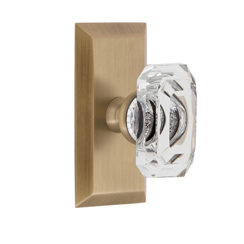 Fifth Avenue Short Plate with Baguette Clear Crystal Knob in Vintage Brass