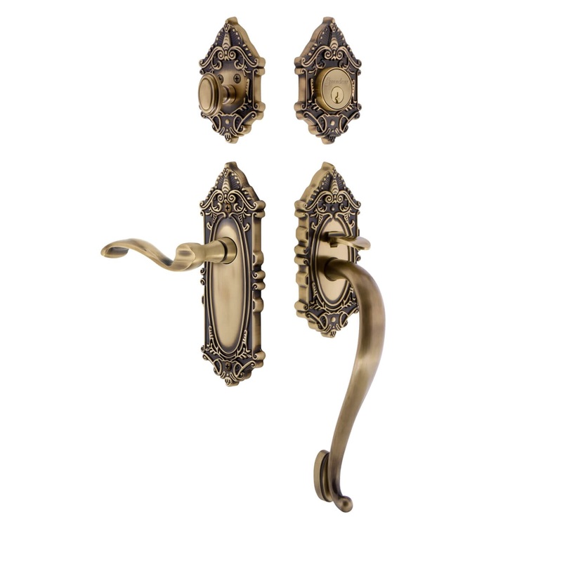 Grande Victorian Plate S Grip Entry Set Portofino Lever Knob in Vintage Brass