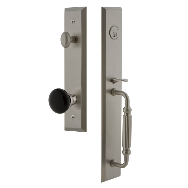 Grandeur Fifth Avenue One-Piece Handleset with F Grip and Coventry Knob in Satin Nickel