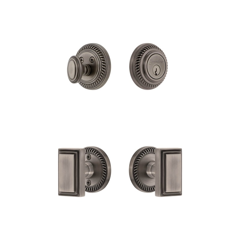Newport Rosette Entry Set with Carre Knob in Antique Pewter