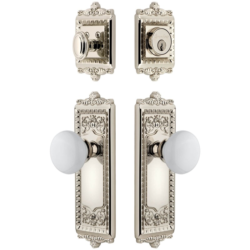 Windsor Long Plate Entry Set with Hyde Park Knob in Polished Nickel