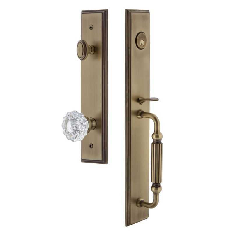 Carr One-Piece Handleset with F Grip and Versailles Knob in Vintage Brass
