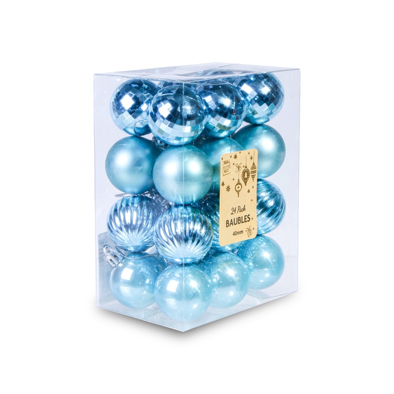 Christmas Baubles Aqua 40Mm 24Pc Acetate