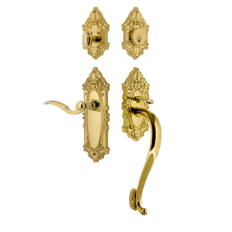 Grande Victorian Plate S Grip Entry Set Bellagio Lever Knob in Lifetime Brass