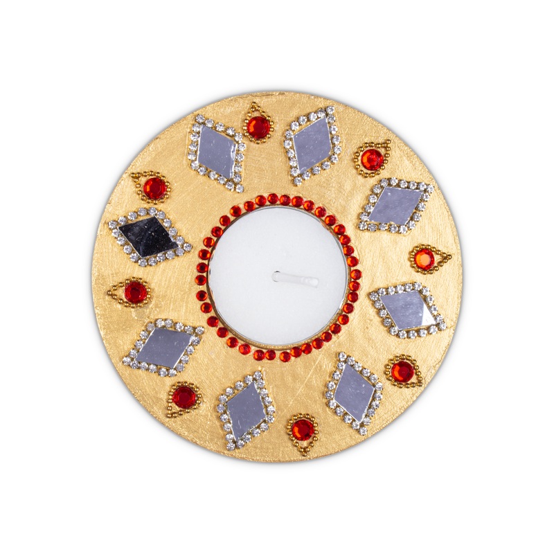 Mirror Work Tealight Holder Diamond Jewel Gold 4in Dia 5.5mm Thick 1pc ( Candle Included 1pc)