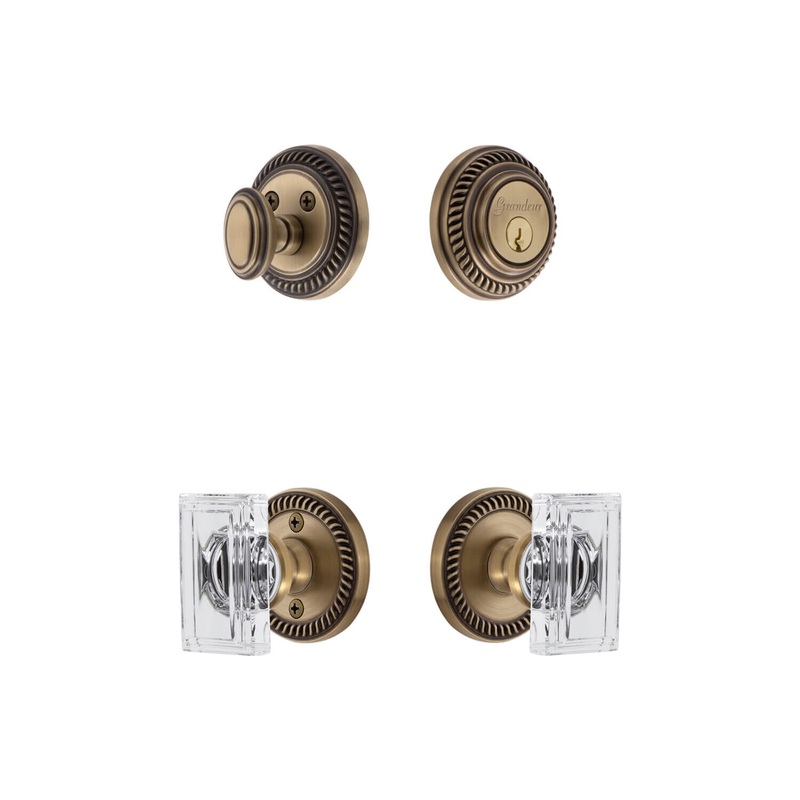 Newport Rosette Entry Set with Carre Crystal Knob in Vintage Brass