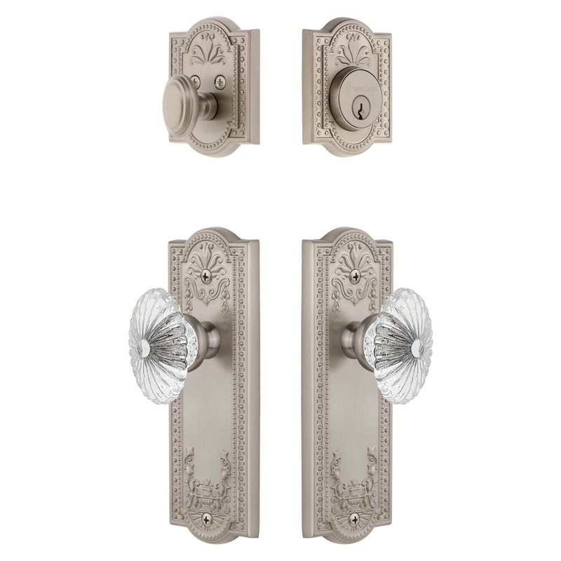 Parthenon Long Plate Entry Set with Burgundy Crystal Knob in Satin Nickel