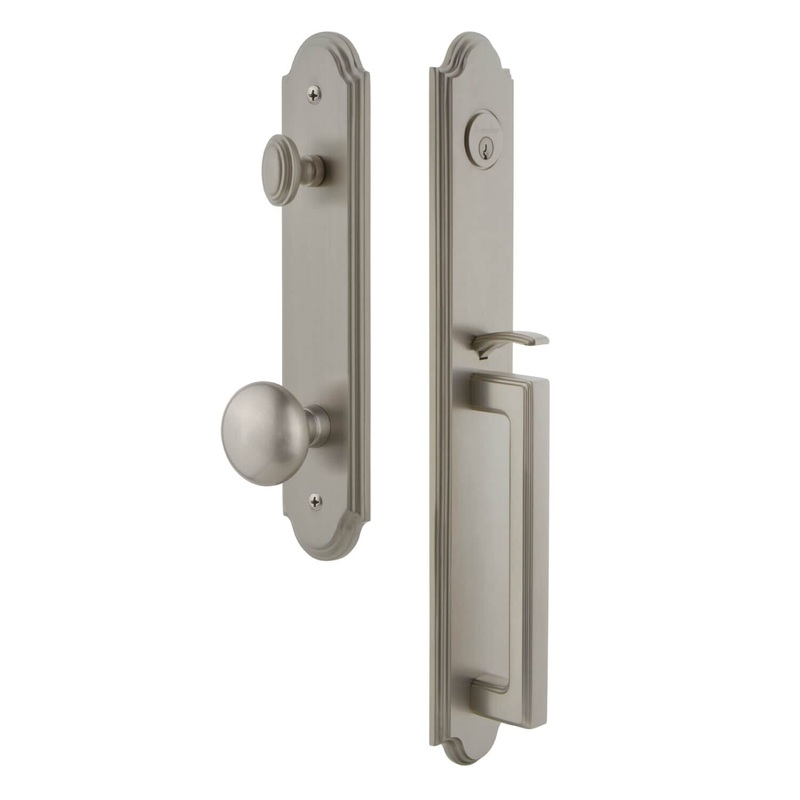 Arc One-Piece Handleset with D Grip and Fifth Avenue Knob in Satin Nickel