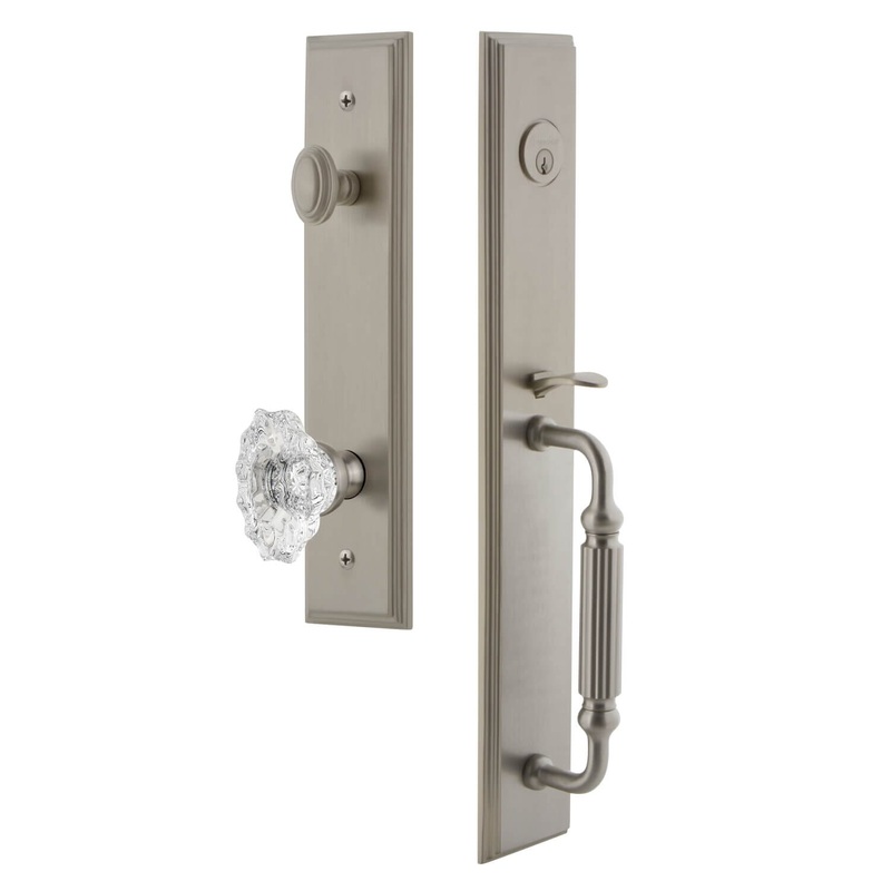 Carr One-Piece Handleset with F Grip and Biarritz Knob in Satin Nickel